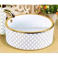 artistic above counter round ceramic basin, gold color ceramic wash basin,hot sell wash basin